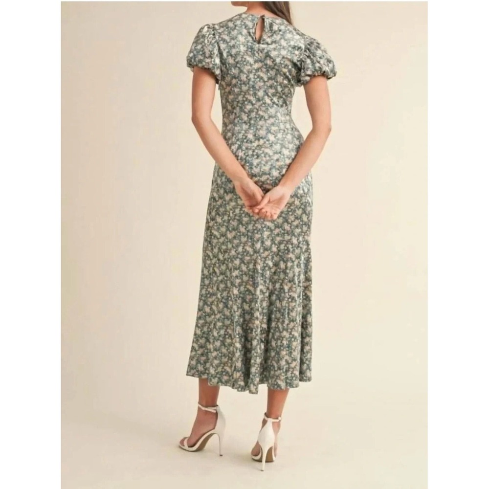 MABLE Dress Small Green Floral Velvet Puff Sleeve Midi Cottagecore Romantic - Picture 3 of 13